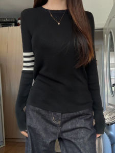 Womens Slim Fit Knitted Long Sleeve Stripe Base Shirt Inner Wear Autumn Winter Fashion Design Top Quality Material round Neck