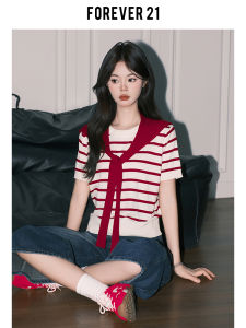 Forever21 Korean Style Chic Red Stripe Short Sleeve T-Shirt Women Summer College Style Age Reduction Shoulder Shawl Layered Top