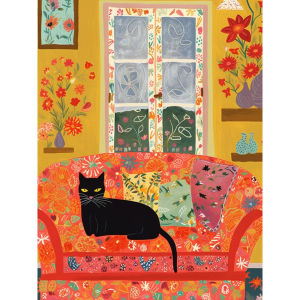 Bandai | DIY Black Cat Diamond Painting Retro Art Style Indoor Scene With Floral Sofa And Warm Home Details for Living Room Decor & Gift