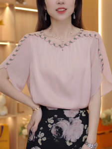 Elegant Slimming Summer New Style Fashionable Short Sleeve Beautiful Loose Floral Embroidery Chiffon Top Korean Style round Neck