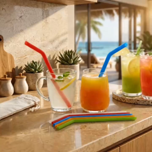 Set 2 Ống Hút Silicone Thực Phẩm Dáng Cong Kèm Cọ Rửa Cán Thép Tái Sử Dụng