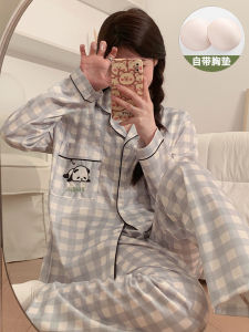 ผู้หญิง แขนยาว ชุดนอน ชุดพร้อมแผ่นรองหน้าอก การ์ตูน Panda ดีไซน์ ฤดูใบไม้ร่วง ฤดูใบไม้ผลิ ใช้ในบ้าน ลายสก็อต ลาย สไตล์บริการบ้านที่สะดวกสบาย