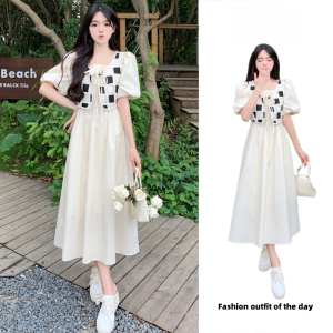 Summer Large Size French Style Plaid Fake Two-Piece Dress for Women High Waist Bubble Sleeves Long Skirt
