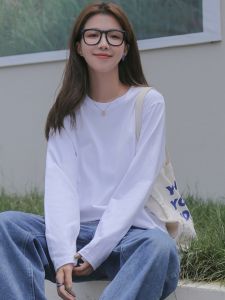 เสื้อยืดคอกลมแขนยาวผ้าฝ้ายสีขาวบริสุทธิ์สำหรับผู้หญิง เสื้อชั้นในหลวมๆ ฤดูใบไม้ผลิและฤดูใบไม้ร่วง เสื้อชั้นในแบบสวมใส่หลายชั้น