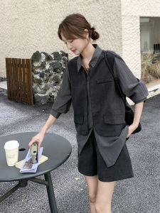 Slimming Black Grey Shirt And Shorts Set Womens Fashion Ensemble Two-Piece Suit Casual Commute Style Autumn Collection