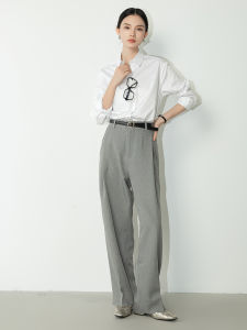 Grey High Waist Nine Points Casual Pants Womens Simple Match High Waist Commuter Style Polyester Fiber New Spring Autumn