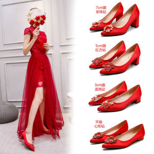 Giày Cưới Phong Cách Pháp Thanh Lịch Cho Nữ Đa Năng 2 Mặc Màu Đỏ Gót Thấp Phụ Nữ Mang Thai Đế Bằng Giày Sandal Cưới
