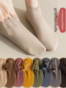 ถุงเท้าผ้าขนแกะแบบหนาสำหรับฤดูใบไม้ร่วงและฤดูหนาวสำหรับผู้หญิง ถุงเท้ายางกันลื่นแบบลำลอง ถุงเท้าผ้าตาข่ายแบบสวมสบายสำหรับผู้ใหญ่