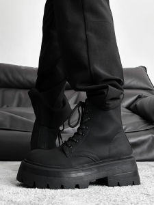 British Style Thick Sole Leather Martin Boots Mens Elevator Wild Side Zipper Machine Boots Fashion Mid-Top Big Head Worker Boot