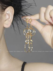 Elegant Long Gold Metal Ring Chain Earrings Women Fashionable Simple Style round Hoop Earrings Luxury Minimalist Ear Jewelry