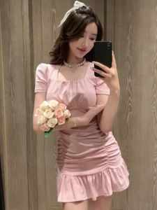 Summer Retro Style Fashionable Sneaky Design Square Collar Ruffle Hip Ruffled Fishtail Skirt Girl Slim Fit Slim Looking Dress