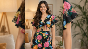 Women’s Floral Coordinate Set Tie-Front Crop Top & Ruffle Shorts Terno | Neoprene Two-Piece Outfit | Free Size Small to Large | Korean Fashion Summer OOTD Casual Pambahay Resort Wear Trendy Clothes for Women