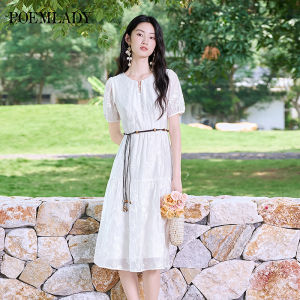 POEMLADY | Lyocell Summer New Dress Short Sleeve Fitted Waist Mid-Length