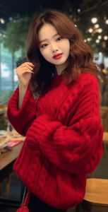 เสื้อสเวตเตอร์สีแดงสไตล์เกาหลี อบอุ่น เสื้อผ้าทำงาน แขนยาว ปกกลม ผ้าขนสัตว์ แฟชั่นฤดูใบไม้ร่วง/ฤดูหนาว เสื้อผ้าผู้หญิง