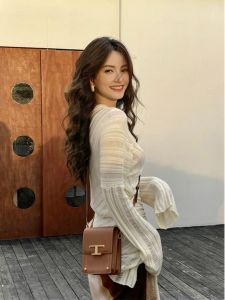 เสื้อสเวตเตอร์คอเฉียงไหล่สำหรับผู้หญิง ทรงเข้ารูป แขนยาว ปกติ ฤดูใบไม้ร่วง 2023 เสื้อชั้นในลายไม่สมมาตร Pure Desire