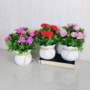 Azgalery PBP164 Tanaman Hias Mini Pot Bunga Mawar Plastik Artifical Rose Flower Ornamen Dekorasi Ruangan Rumah COD