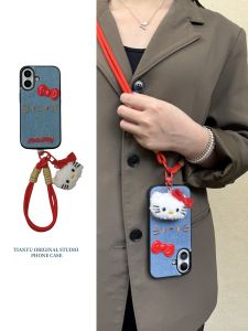 TianYu Cartoon Embroidered Denim KT Cat Bow Knot Phone Case Suitable for 15 Cute 12 pro Plush Toy Pendant 13 Crossbody 16 Anti-Fall 14 pro New Model 12