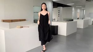 French Women Plain pleated Strap Dress Long Length Dress