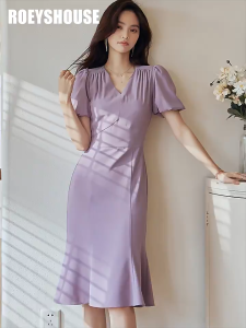 Đầm Dài Ôm Body Cổ Chữ V Tay Phồng Tím Pastel Sang Chảnh Nữ Tính