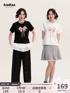 Original Design White Tea Rose Rhinestone Butterfly Knot Short Sleeve round Neck T-Shirt Womens Sweet Style Cotton Blend Summer Top