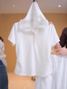 Pure Cotton Short Sleeve T-Shirt Womens Casual Lace Hat Fashionable Summer High Sensation Button up Top Korean Style Slim Fit