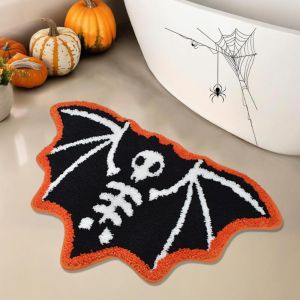 VIKAMA Halloween Skeleton Bat Shaped Rug Orange Border Soft Fluffy Water Absorbent Non Slip Bathroom Floor Mat Home Decor