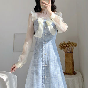 Váy Dài Tay Phong Cách Pháp Cổ Điển Thanh Lịch Mùa Xuân Mới Cho Nữ Cao Cấp Thanh Lịch Váy Ngắn Chữ a Cạp Cao Ren Viền