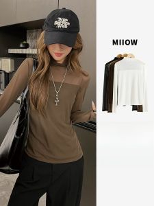 MiiOW | เสื้อยืดคอปกสูงแขนยาวผู้หญิง Pure Color Mesh Base Shirt ฤดูใบไม้ผลิและฤดูใบไม้ร่วง เสื้อชั้นในแบบสวมสบายสำหรับเด็กผู้หญิง
