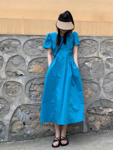 ชุดเดรสยาวแขนพองสีน้ำเงินสไตล์ใหม่ฤดูร้อนสำหรับผู้หญิง กระโปรงทรงเอเอวสูง คอตั้ง แขนสั้น สไตล์ทำงาน