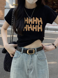 Short Sleeve Cotton T-Shirt Womens Black Pure Cotton Summer Top Sweet And Spicy Korean Style Commute Loose Fit Youthful Print