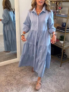 Loose Shirt Dress Women Collarless Pure Color Turn-down Collar Long Sleeve Street Style Loose Waist Spring Autumn Long Skirt