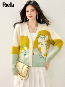 puella | Autumn Fashion Loose Knit V-Neck Cat Design Sweater