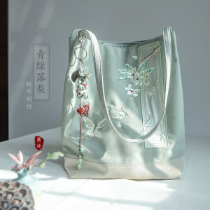 Artistic Summer New Style Womens Canvas Bucket Handbag Embroidered Single Shoulder Bag Trendy Fresh Retro Forest System