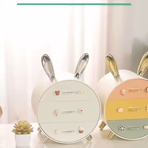 [ AVERTA ] Rak Susun 3 Sekat Motif Kelinci Warna warni Serbaguna Rak Kosmetik/Rak Alat Tulis