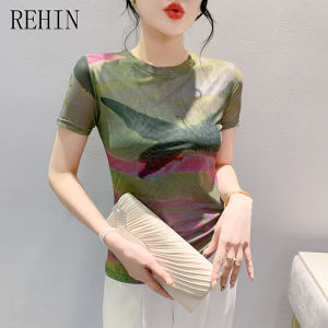 REHIN Summer Fashion Mesh tie-dye Printing Short Sleeve T-shirt Round Collar Slim Fit Elegant Womens top