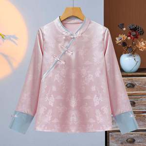 Áo Sơ Mi Nữ Dài Tay Thêu Ren Satin Cổ Đứng Dáng Rộng Màu Trơn Chất Liệu Khác Áo Lót Bên Trong Thời Trang Phong Cách Trung Hoa Truyền Thống