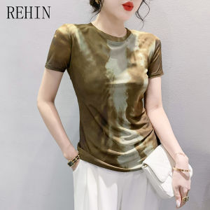 Rehin Áo thun ngắn tay hình hoa định vị nhuộm Cà Vạt lưới thời trang mùa hè áo phong cách Hàn Quốc S-2XL giảm béo cổ tròn Áo cánh nữ thanh lịch