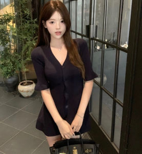 Váy Ngắn Tay Dệt Kim Màu Nâu Phong Cách Pháp Cho Nữ Mùa Hè Thanh Lịch Áo Len Cardigan Hở Cổ Chữ V Váy Ngắn Chữ A Váy Chữ a