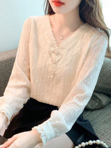 K-style Temperament V-neck Long Sleeve Fleece-lined Lace Shirt Womens Autumn and Winter New Arrival Western Style Fashion Base Shirt Tops