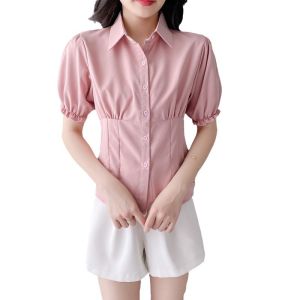 French Style Slim Fit Short Sleeve Shirt Womens Fashionable Bubble Sleeve Design Summer New Arrival Waist Cinched Elegant Top