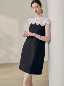 Roey s house | Lace Trimmed Black OL Style Summer Dress Flounced Sleeves