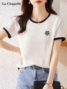 La Chapelle Short Sleeve round Neck Splice T-Shirt Womens Fashion Simple Classic Tea Rose Print Top for Young Women