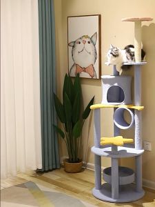 Cat Climbing Frame Pillar Cat Condo Sisal Pole Scratching Tree with Hammock Cat Condo Wooden Cat House Cat scratcher Post Cat toy/Pet Condo