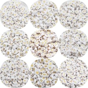 Acrylic White A-Z 26 Letter Beads Gold Color Round Flat Loose Spacer Alphabet Beads For Jewelry Making Diy Bracelet Accessories