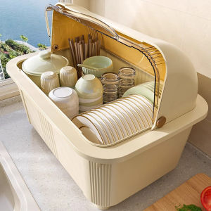 Kitchen Storage Box Dish Rack Dustproof Shelf with Cover Draining Bowl Cabinet Home Utensils Organizer Utility Storage Basket