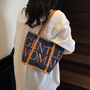 Gentlewoman denim embroidered letter shoulder bag 2025 new all-match contrast color tote bag