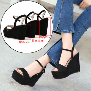 Summer 2025 Black Ultra High Heel Platform Sandals Womens Padded Shoes Thick Bottom Fish Mouth Genuine Leather Shoes