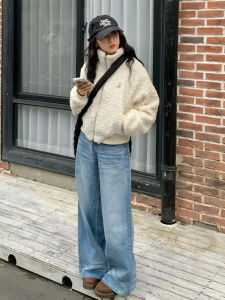 Womens Short High Collar Lamb Velvet Jacket Double Zipper Loose Top Vintage Lazy Style Autumn Winter New Arrival Coat