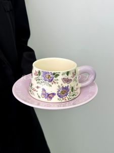 ชุดแก้วกาแฟดอกเกียวจินสีม่วงสไตล์ย้อนยุคพร้อมจาน ชุดชาเย็นหรูหรา ชุดกาแฟลาเต้ เครื่องดื่มโซดา ชามลายดอกไม้ ชุดเครื่องดื่มโซดา