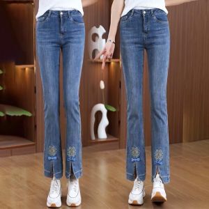 New Chinese Style National Style Micro-Pull Denim Female 2024 Spring and Summer High Waist Silm Slim Looking Cropped Split Embroider Bell-Bottom Pants